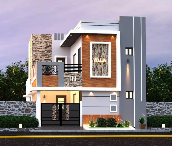Modern villa elevation with stone cladding and warm lighting designed by Gravitas Builders, Usoor Vellore